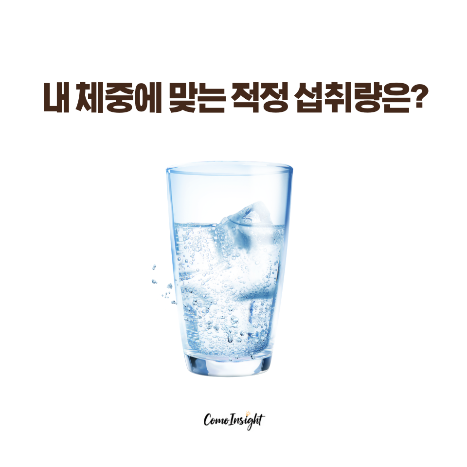 내 체중에 맞는 물 섭취량을 설명하는 컵과 물방울 일러스트 이미지