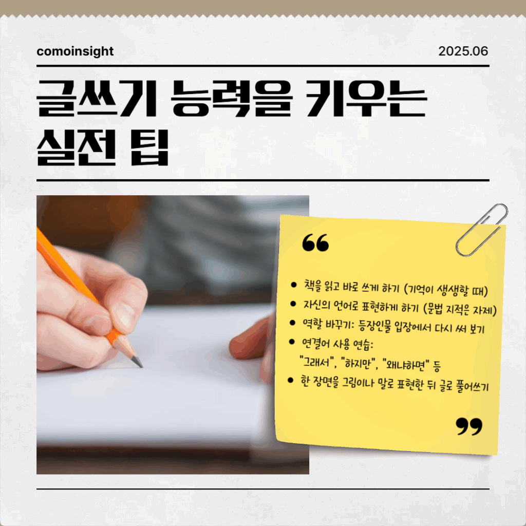 글쓰기 능력을 키우는 실전 팁들을 적은 이미지